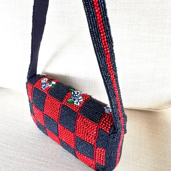 ANTHROPOLOGIE NWT The Fiona Beaded Checkered Floral Shoulder Bag Red Navy - Picture 2 of 8
